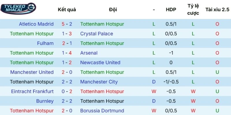 Phong độ thi đấu gần đây của Tottenham