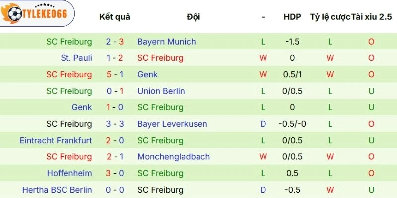 Hiệu quả thi đấu Freiburg thể hiện
